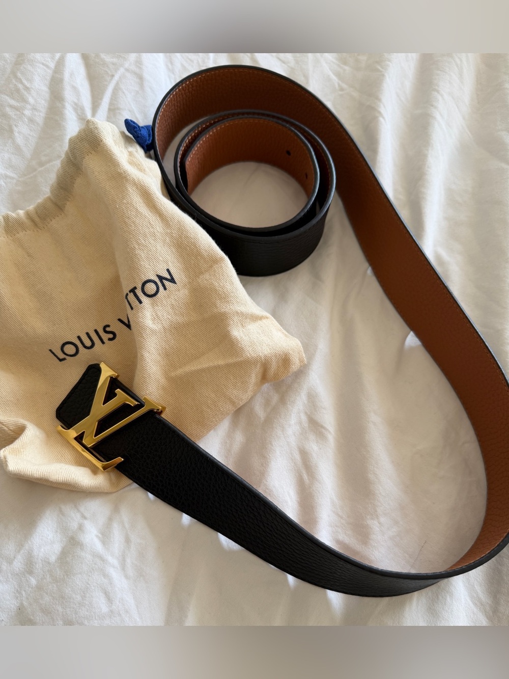 Louis Vuitton Men’s Reversible Black/Tan Belt with Gold LV Buckle (120CM)